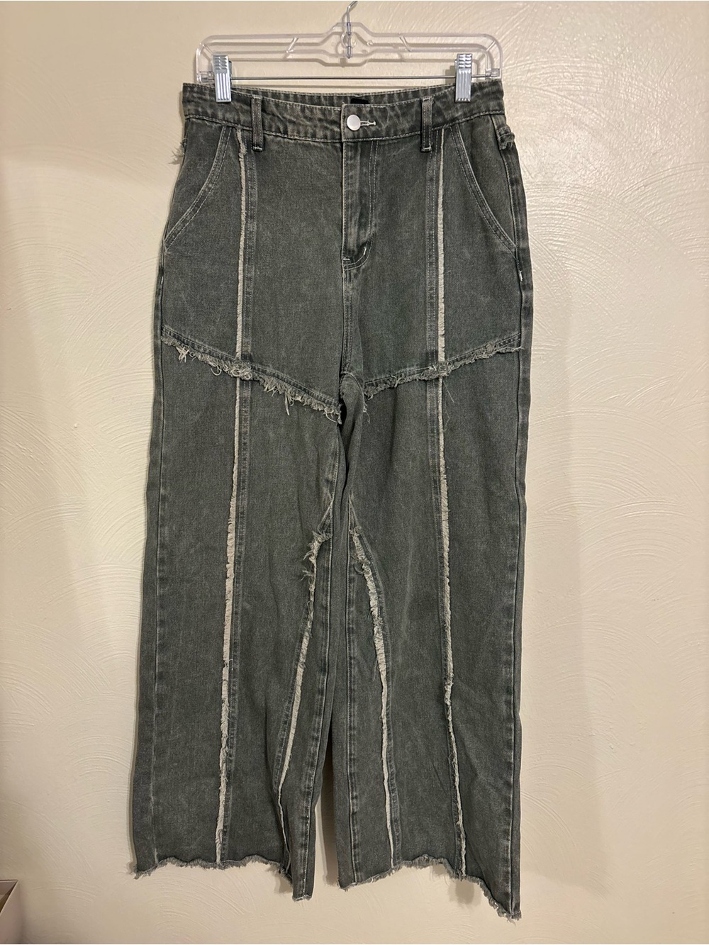 CIDER Deconstructed Wide Leg Jeans M Olive Frayed Seam Y2K Grunge